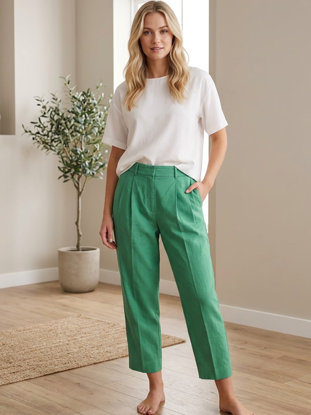 COS Cotton Pleated Cropped Wide Leg Pants Women Size 12 Kelly Green